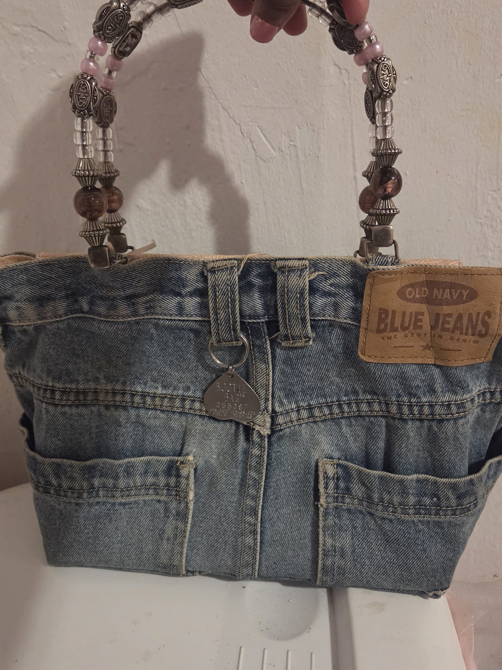 Old Navy Inspired Hand Made Denim Tote Bag with Beaded Handles - Light Blue